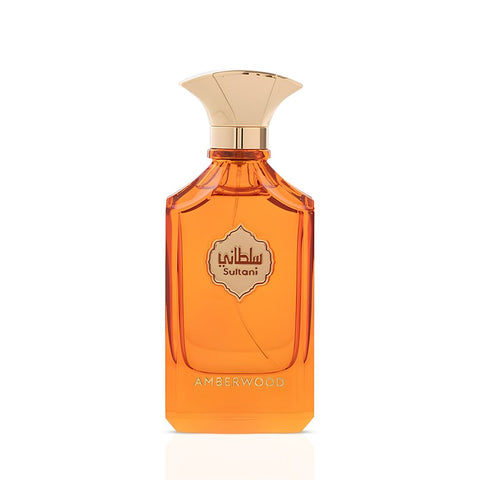 Arabian Oud Sultani Amberwood Eau de Parfum spray bottle with elegant design, 100ml, showcasing the luxurious fragrance container.