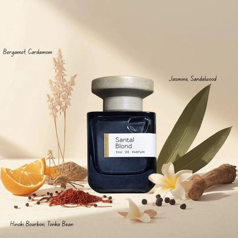 Atelier Materi Santal Blond Eau de Parfum spray bottle, 100ml, with elegant design and label visible.