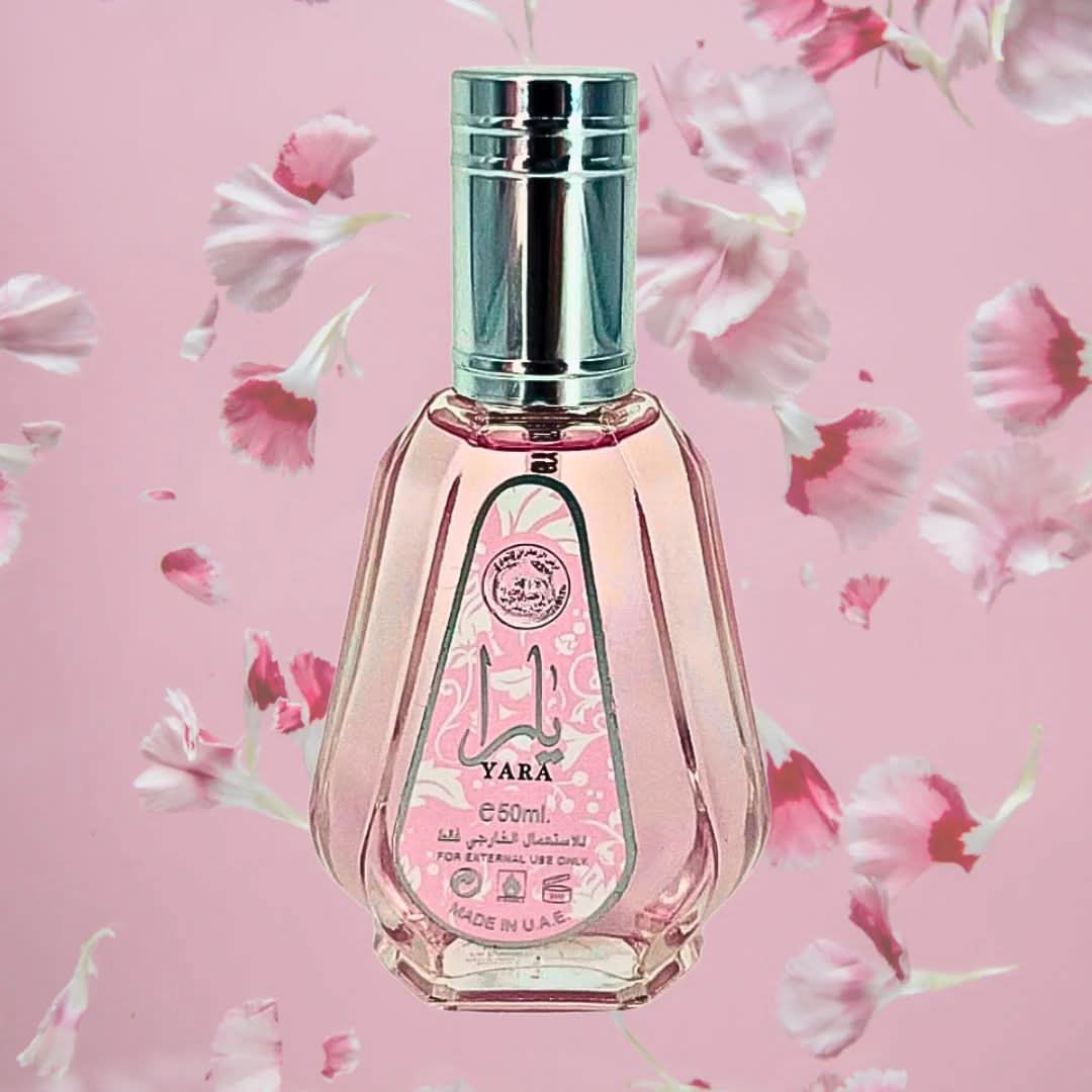 Bundle of Ard Al Zaafaran Yara & Mousuf Wardi Eau de Parfum sprays, 50ml each, with elegant bottle designs and branding visible.