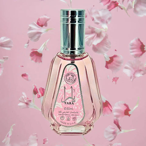 Bundle of Ard Al Zaafaran Yara & Mousuf Wardi Eau de Parfum sprays, 50ml each, with elegant bottle designs and branding visible.