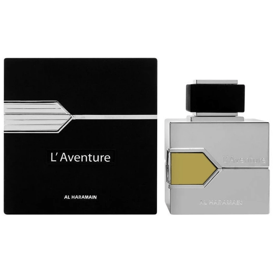 Al Haramain L'Aventure for Men Eau de Parfum spray 100ml bottle with sleek design and clear label showing the fragrance.