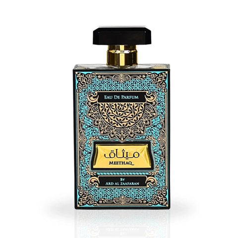 Ard Al Zaafaran Meethaq Eau de Parfum Spray 100ml in a velvet pouch, featuring the elegant perfume bottle design.