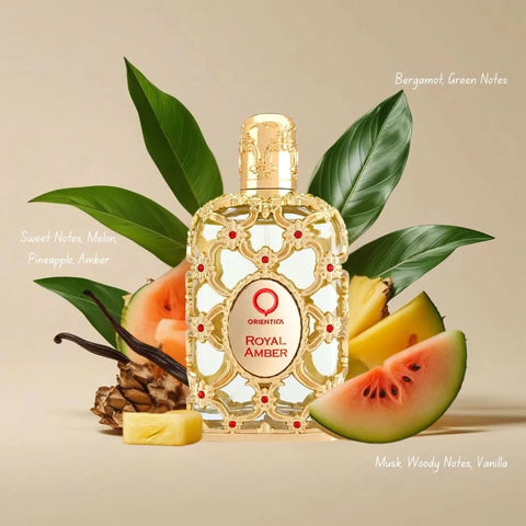 Orientica Royal Amber & Velvet Gold Eau de Parfum spray bottle, 80ml, featuring luxurious amber and velvet scent.