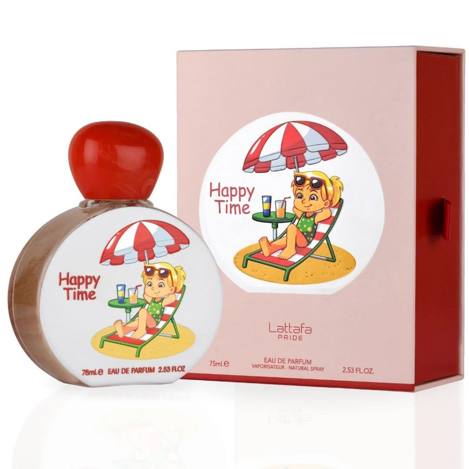 Lattafa Pride Happy Time for Kids Eau de Parfum spray bottle, 75ml, with colorful packaging and playful design.