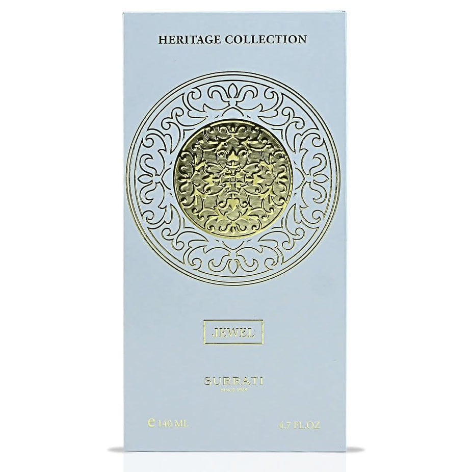 Surrati Jewel Eau de Parfum spray 140ml, elegant glass bottle with decorative design, showcasing the luxurious fragrance product.