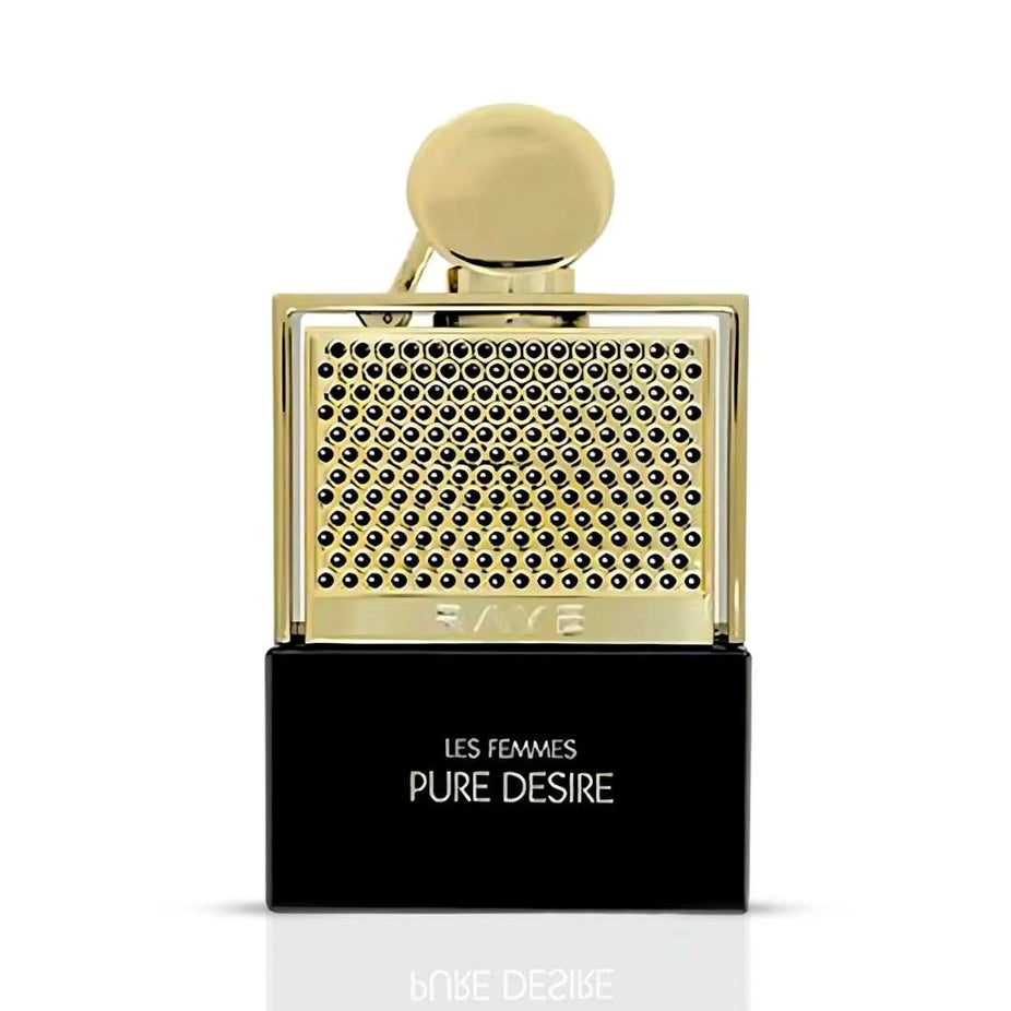 RAVE Pure Desire Gold Eau de Parfum spray 100ml bottle with elegant gold accents, sleek design, and clear fragrance label.