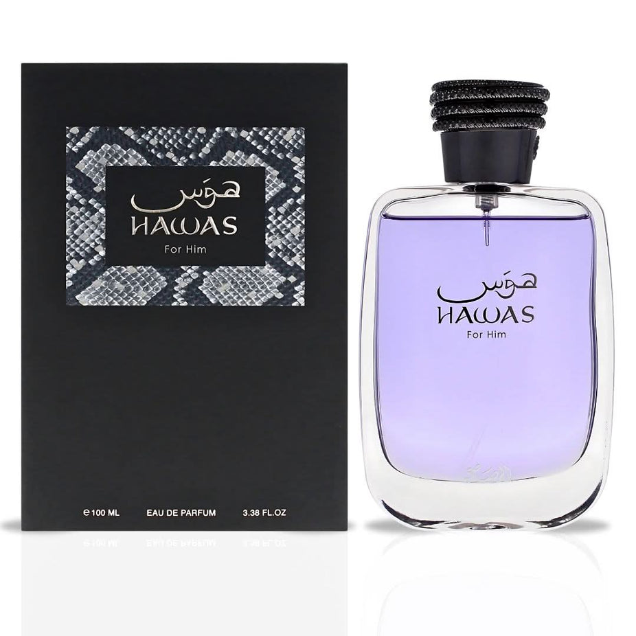 Rasasi Hawas for Him and Hawas Fire Eau de Parfum sprays in 100ml bundle, featuring sleek bottles with elegant design.