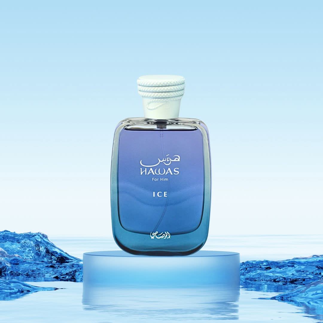 Rasasi Hawas Ice, Daarej, Shuhrah men Eau de Parfum spray bundle featuring three elegant perfume bottles.