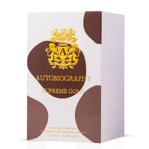 Autobiography Supreme Gold Eau de Parfum spray by Paris Corner, 65ml bottle with gold accents, elegant and luxurious fragrance packaging