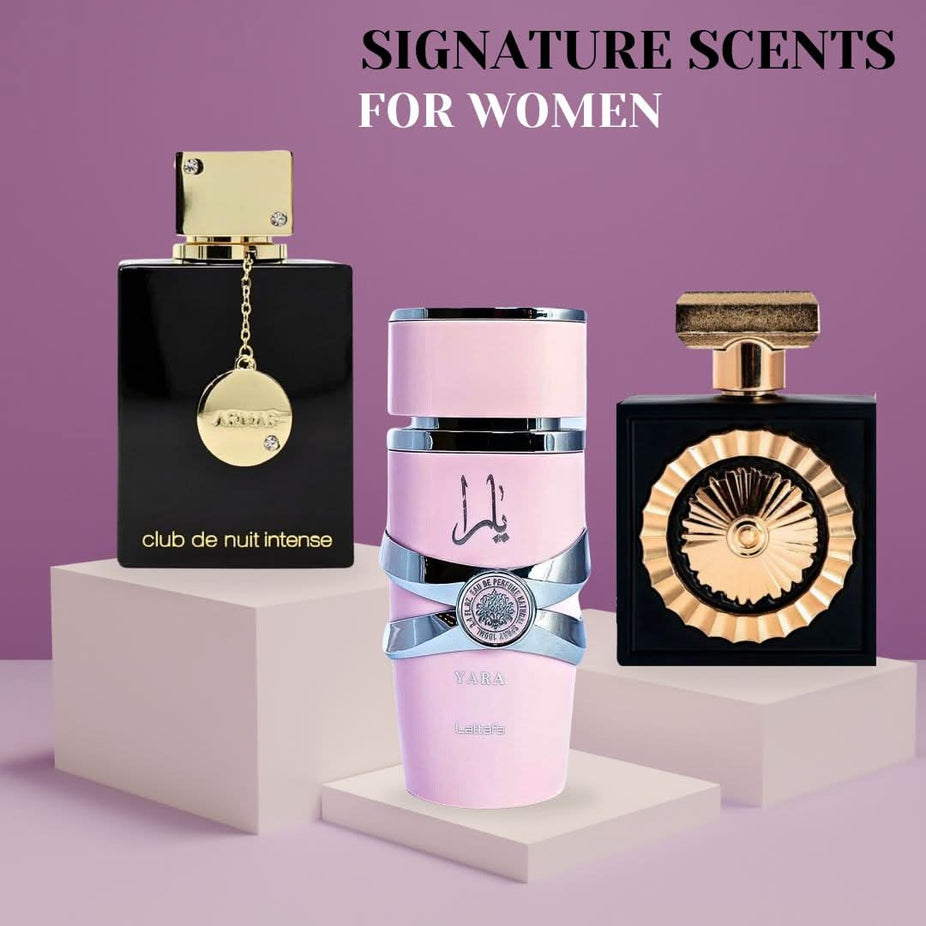 Three bottles of Intense Oud Yara Nebras Club De Nuit Intense Eau De Parfum sprays for women in a value pack.
