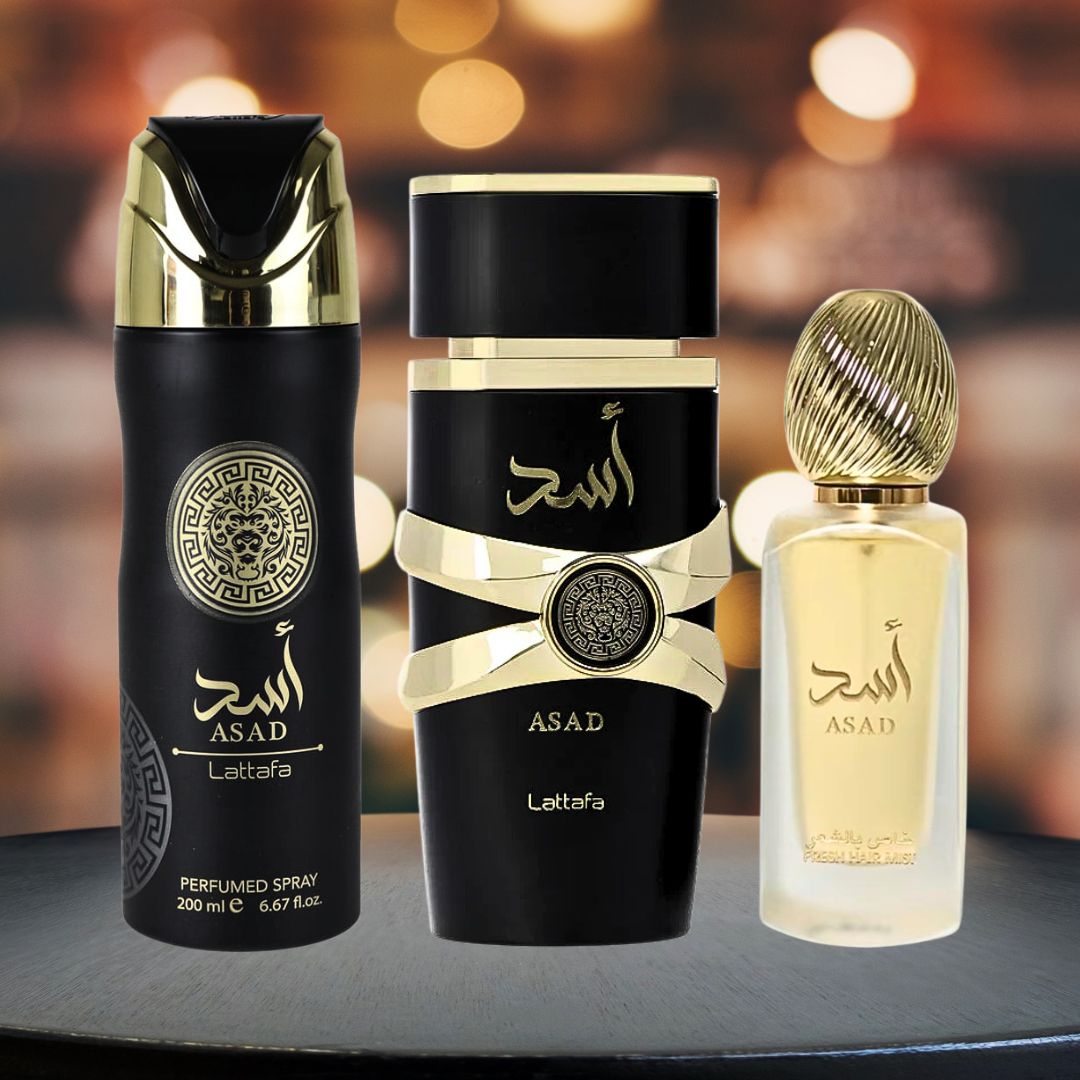 Asad Gift Set Eau De Parfum Spray - 100ML, Hair Mist - 50ML, Perfumed Spray 200ML | Gift Set By Lattafa - Intense Oud