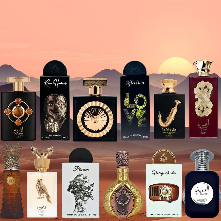 Lattafa Pride Collection Eau de Parfum sprays, 100ml bottles, featuring elegant packaging and diverse fragrances in a pack of 12.