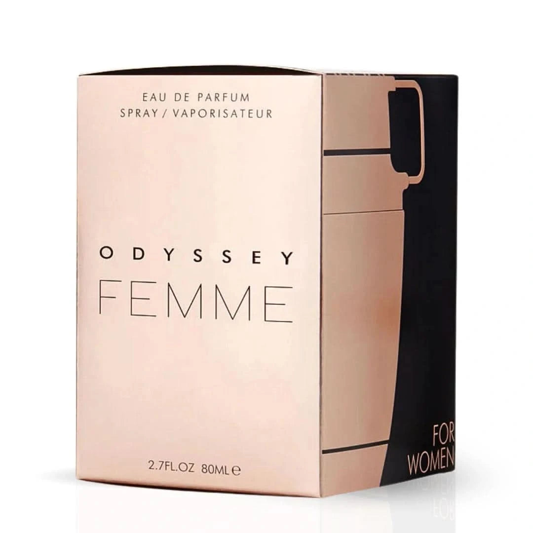 Odyssey Femme Eau de Parfum spray by Armaf, 100ml bottle, with elegant floral perfume design and sleek packaging.