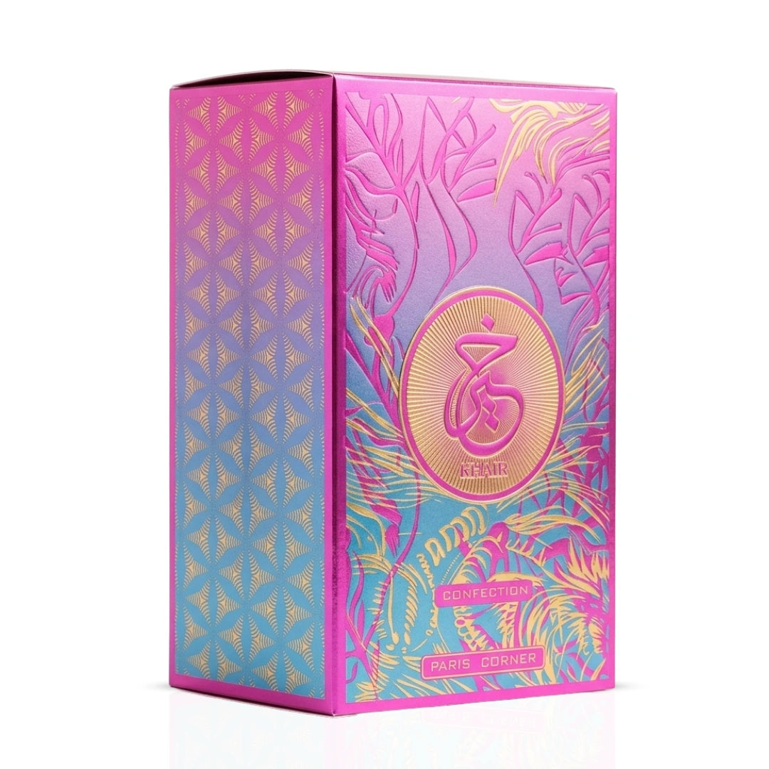 Paris Corner Khair Confection Eau de Parfum spray bottle, 100ml, with elegant packaging and perfume cap.