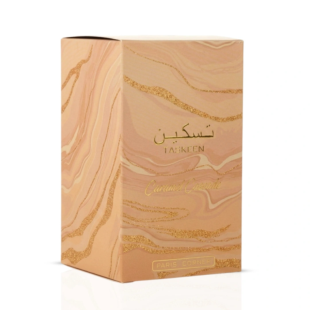Paris Corner Taskeen Caramel Cascade Eau de Parfum spray 100ml with elegant bottle and caramel-colored liquid.