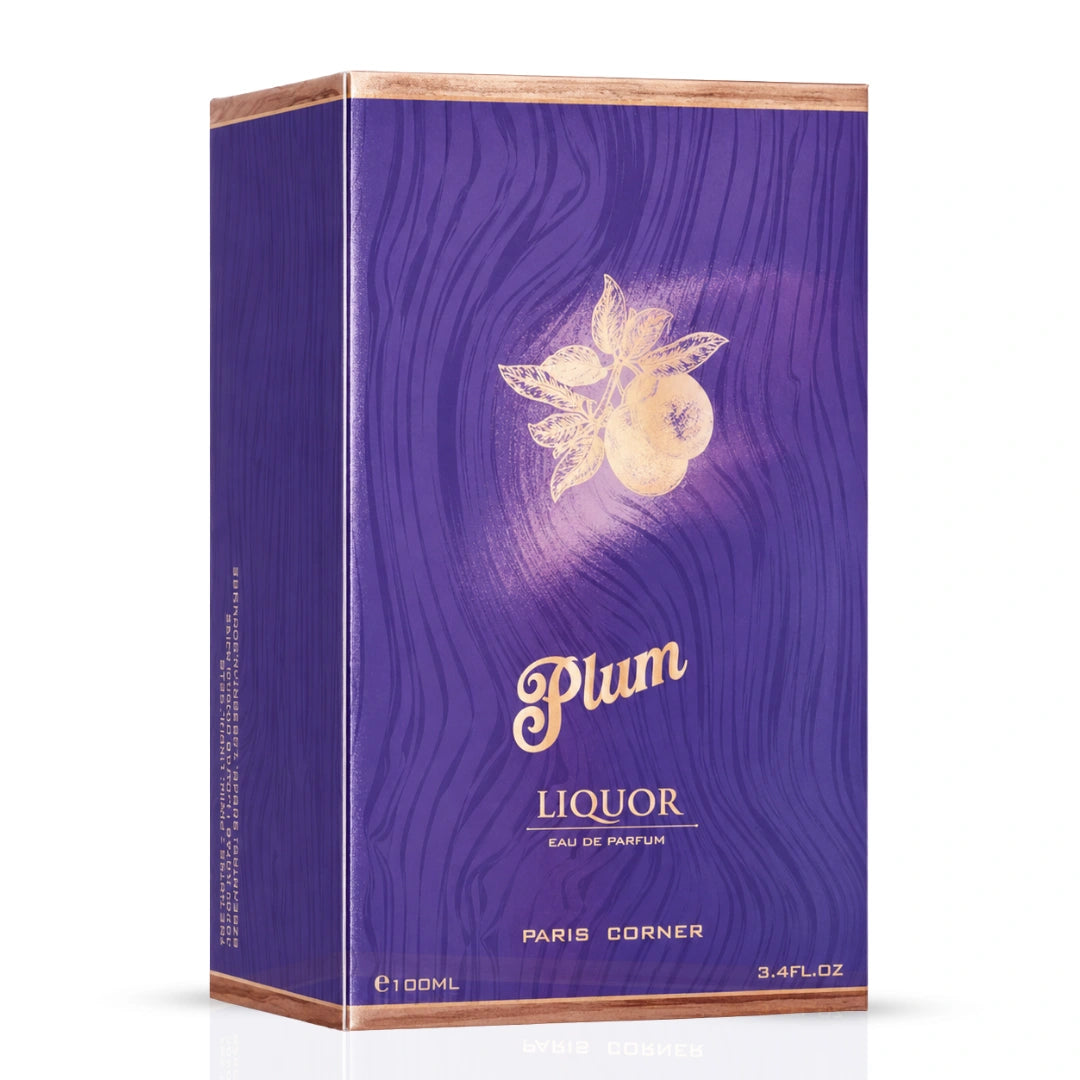 Paris Corner Plum Liquor Eau de Parfum Spray 100ml bottle with elegant packaging and purple accents.