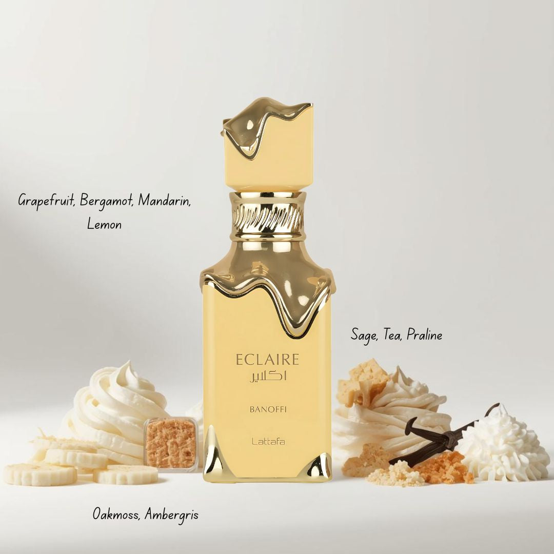 Eclaire Banoffi by Lattafa and Banana Bliss by Paris Corner 100ml perfume spray bundle featuring fruity, gourmand scents.