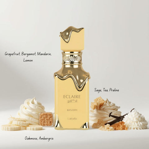 Eclaire Banoffi by Lattafa and Banana Bliss by Paris Corner 100ml perfume spray bundle featuring fruity, gourmand scents.