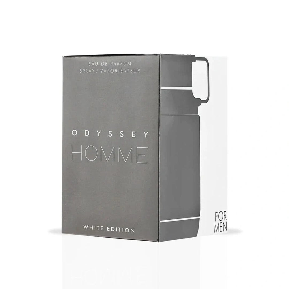 Odyssey Homme White Edition Eau de Parfum Spray by Armaf, 200ml, featuring sleek white bottle and elegant design.
