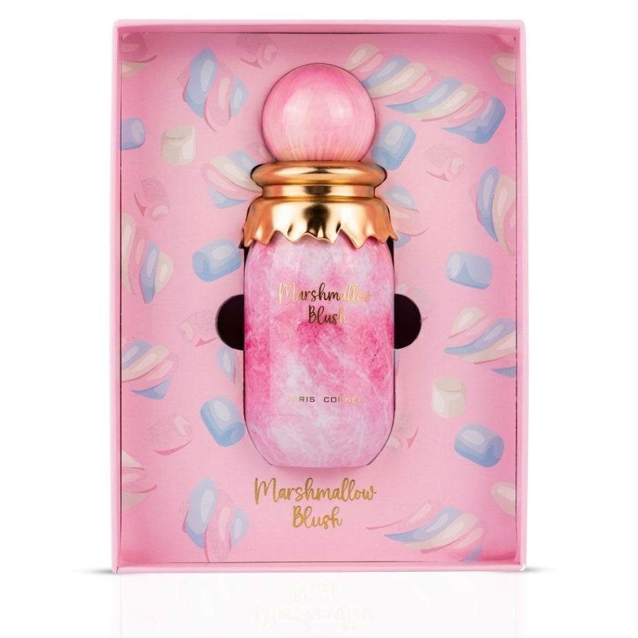 Paris Corner Marshmallow Blush Eau de Parfum spray 100ml bottle, elegant perfume packaging with soft pink accents.