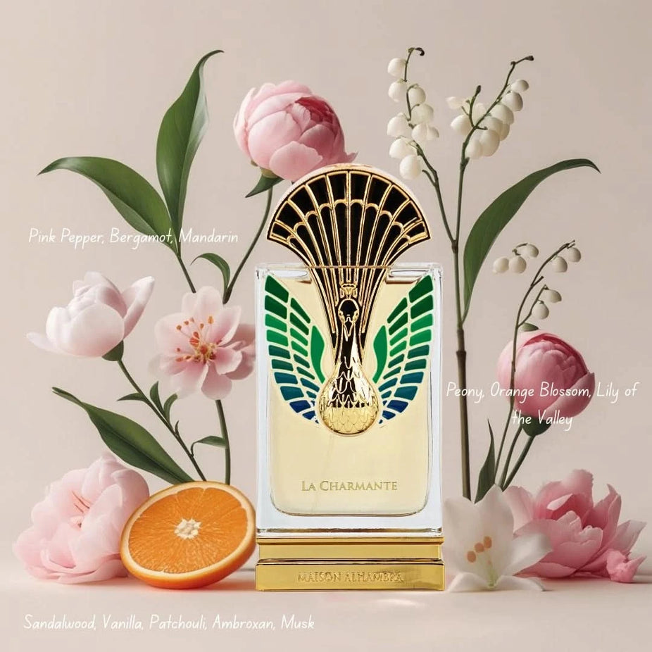 Maison Alhambra La Charmante Eau de Parfum spray bottle, 100ml, elegant packaging with a sleek design and floral accents.