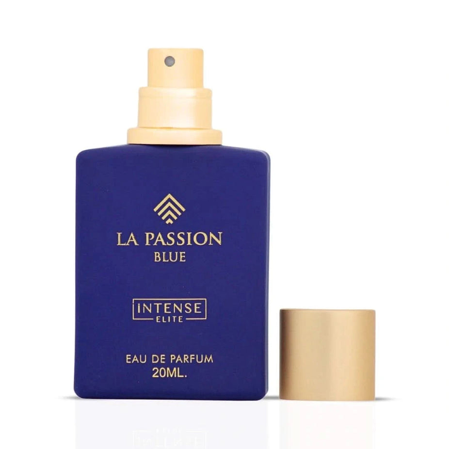 Intense Elite La Passion Blue Eau de Parfum spray 20ml bottle with sleek blue design, elegant packaging visible in the image.