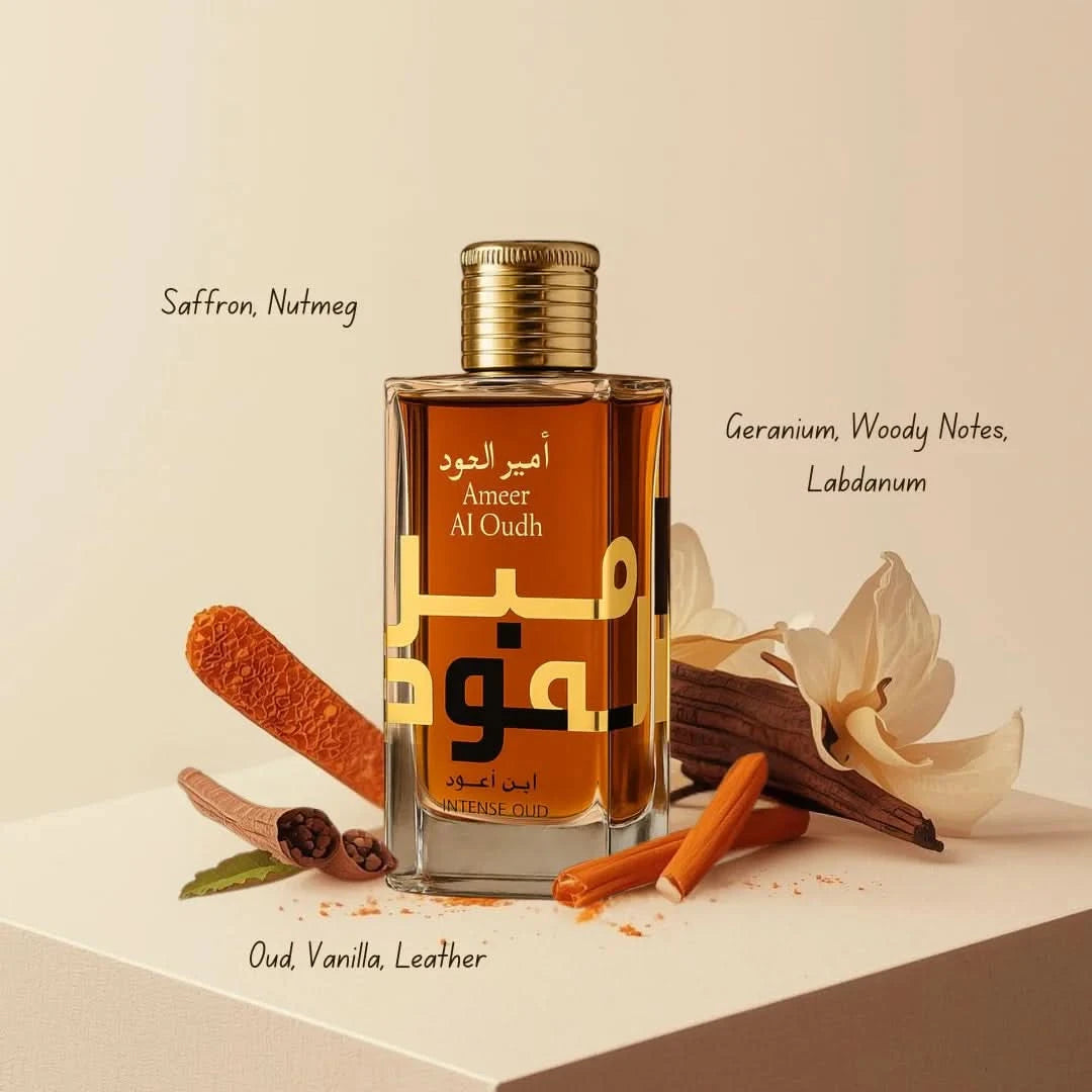 Lattafa Khamrah & Ameer Al Oudh Intense Oud Eau De Parfum bundle, featuring three 100ml spray bottles with elegant packaging.