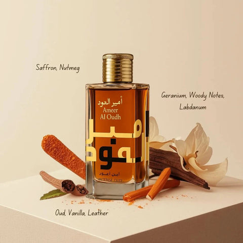 Lattafa Khamrah & Ameer Al Oudh Intense Oud Eau De Parfum bundle, featuring three 100ml spray bottles with elegant packaging.