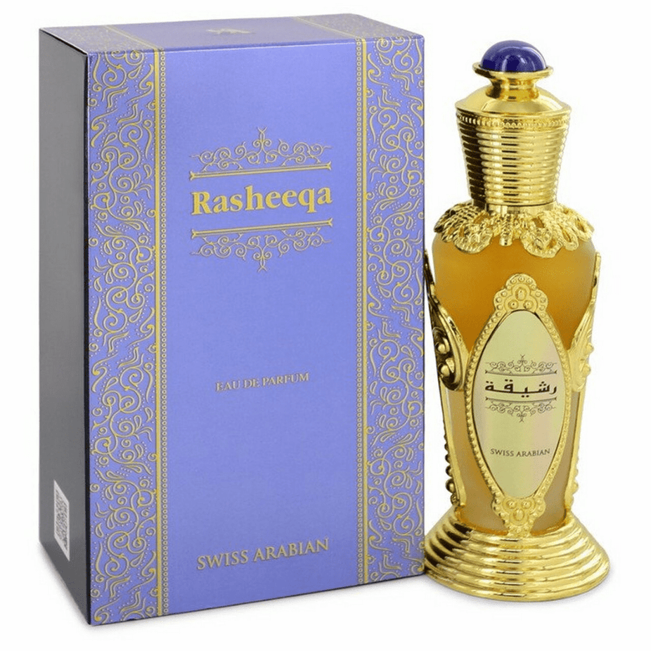 Swiss Arabian Rasheeqa for Women EDP 50ML bottle with elegant floral and fruity fragrance details.