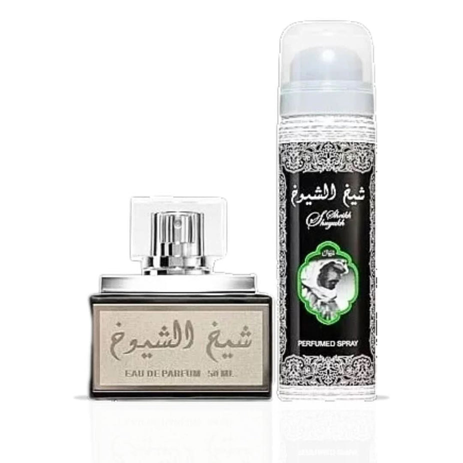 Lattafa Sheikh Al Shuyukh Black EDP spray and perfumed deodorant 50ml, featuring a rich, long-lasting woody scent with dark packaging.