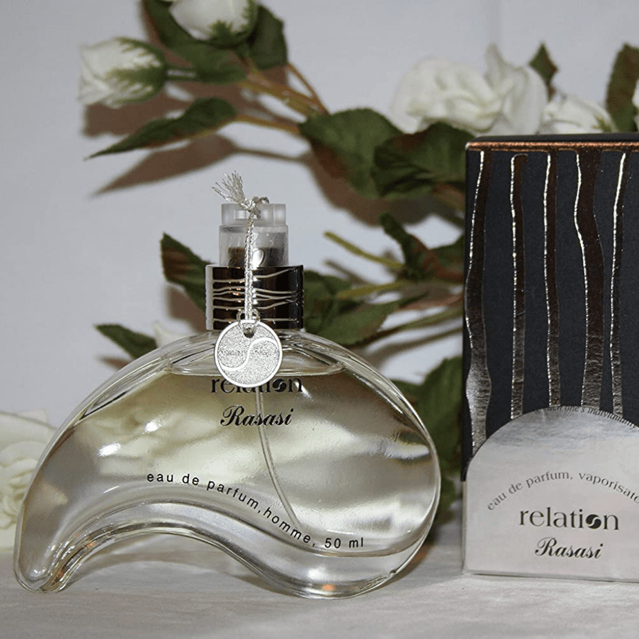 Rasasi Relation for Men Eau De Parfum 50ml bottle, sleek design, showcasing the men's fragrance in a clear glass container.