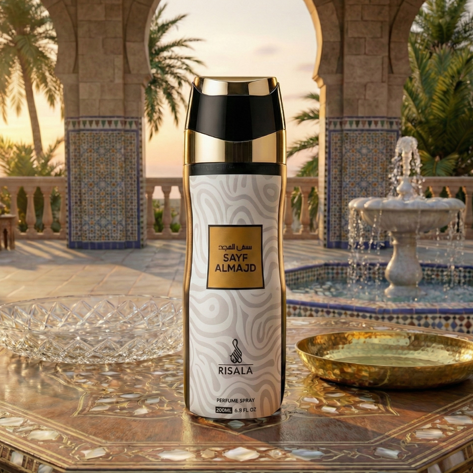 RISALA Sayf Almajd perfumed body spray 200ml deodorant bottle with floral and oriental scent design