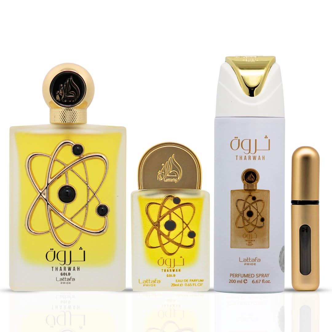 Tharwah Gold 3-Piece Perfume Gift Set by Lattafa Pride (Velvet Pouch) (Auction)
