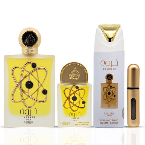 Tharwah Gold 3-Piece Perfume Gift Set by Lattafa Pride (Velvet Pouch) (Auction)
