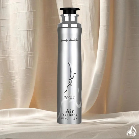 Lattafa Maahir Legacy Air Freshener 300ml bottle with a sleek design, showcasing the fragrance label and cap.