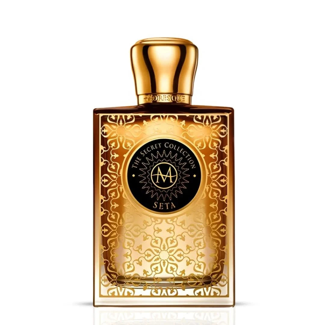 Moresque Seta Parfum Eau de Parfum spray bottle, 75ml, with elegant packaging and floral design.