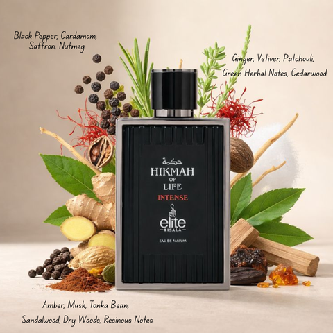 Elite Risala Hikmah of Life, Love & Intense Eau de Parfum bundle with three 100ml spray bottles, featuring elegant fragrance packaging.