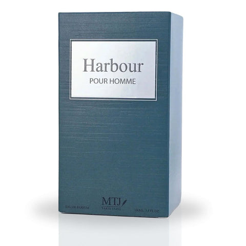 MTJ Harbour Pour Homme EDP spray 100ML showcases a sleek bottle, representing a long-lasting, floral, spicy, aquatic, woody masculine scent.
