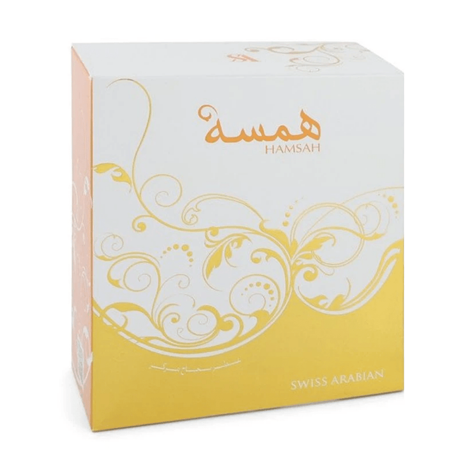 Swiss Arabian Hamsah for Women EDP bottle, 80ml, with elegant perfume design and floral accents, showcasing the Eau De Parfum.