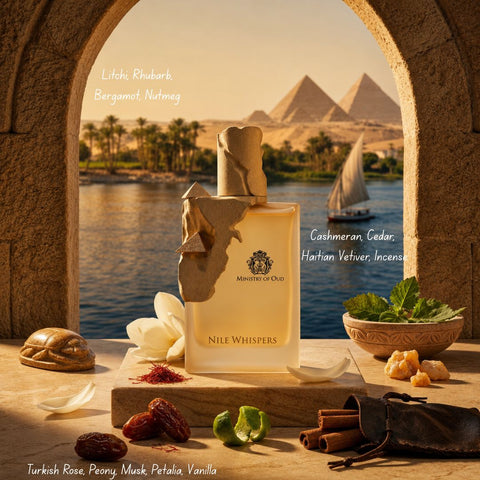 Paris Corner Ministry of Oud perfume bundle featuring Maestro's Symphony, Nile Whisper, Gladiator's Oath, and Romance Reverie 100ml sprays.