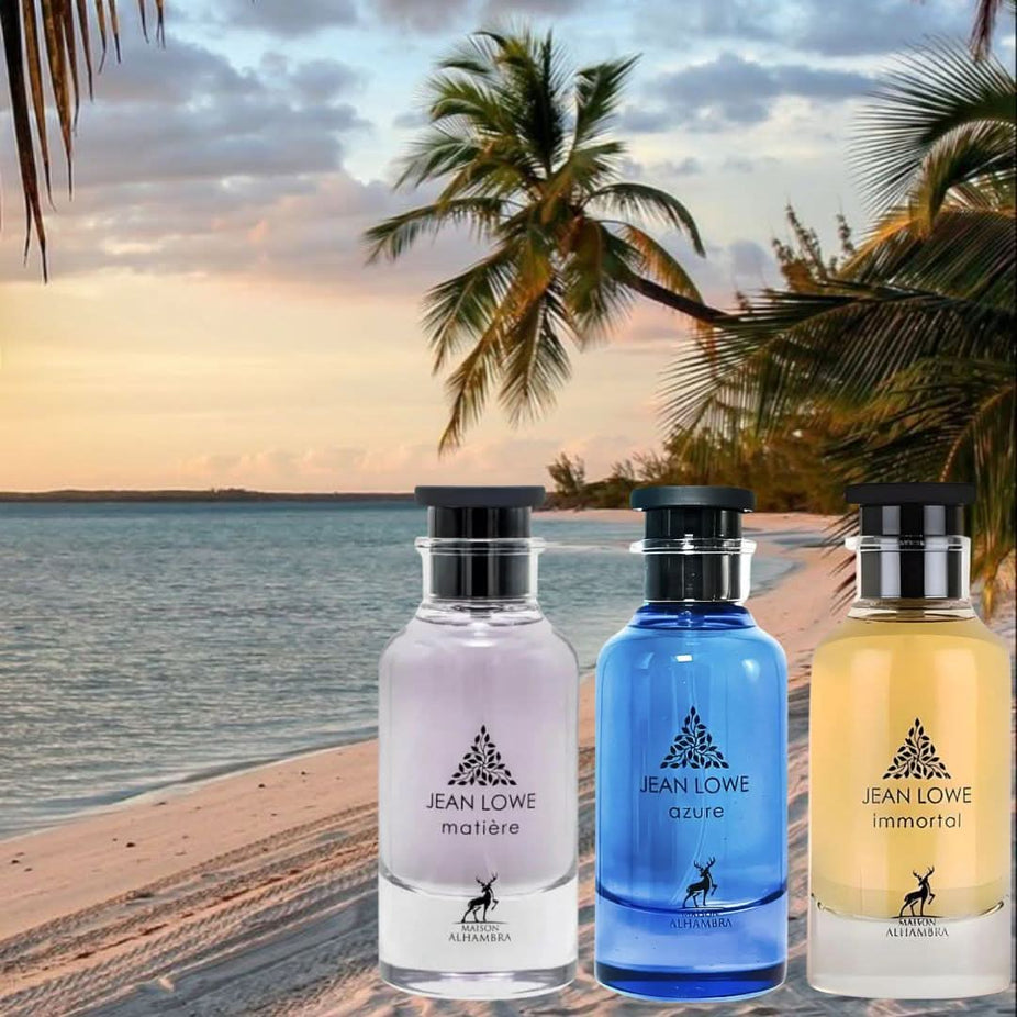 Maison Alhambra Jean Lowe Immortal, Matiere & Azure Eau de Parfum bundle with three 100ml spray bottles, elegant packaging design
