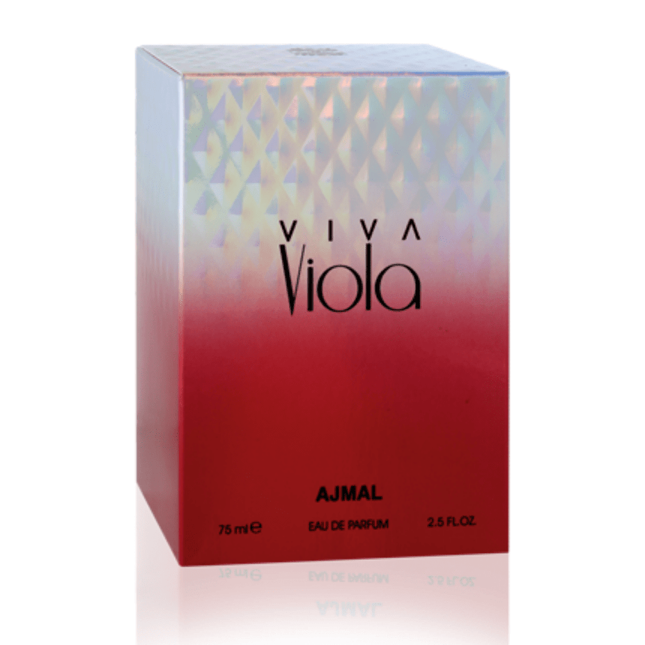 Viva Viola for Women Eau De Parfum by Ajmal in 75ml bottle, elegant perfume bottle with floral design and cap.