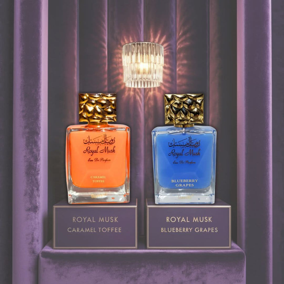 Surrati Royal Musk Caramel Toffee and Blueberry Grapes EDP sprays in 100ML bottles, displayed together in a bundle.