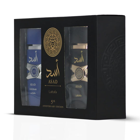 Asad & Asad Zanzibar Eau De Parfum Sprays 100ML (3.4 OZ) by Lattafa | Smoky Heat & Ocean Breeze—Bold Contrasts, One Signature Style. (Gift Set) - Intense Oud