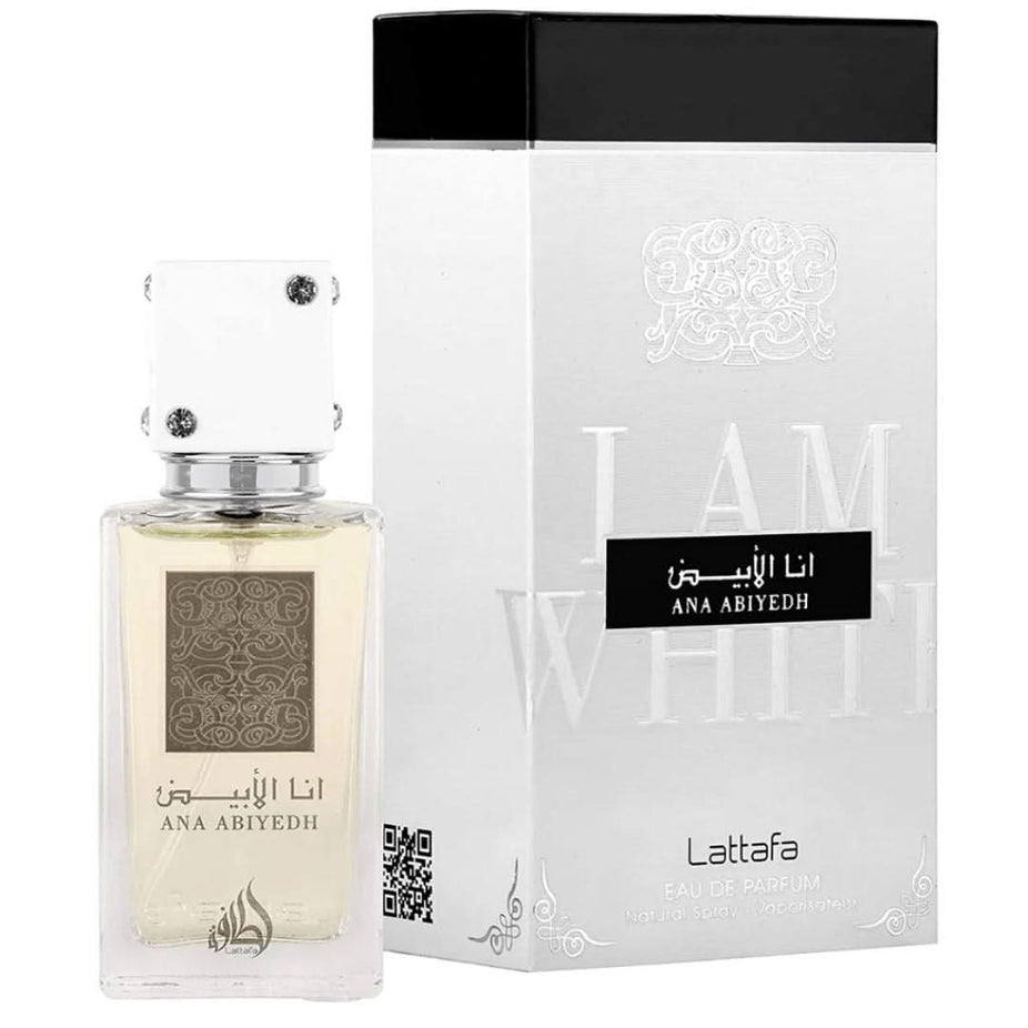Lattafa Ana Abiyedh Eau De Parfum 30ML bottle, elegant fragrance with floral and woody notes, in a sleek perfume bottle.