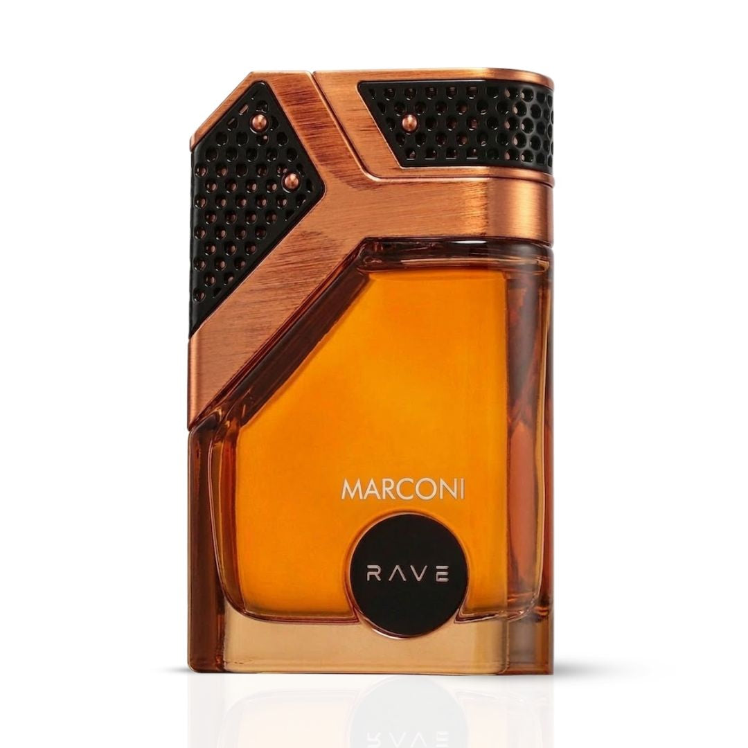 RAVE Marconi Eau de Parfum Spray 100ml bottle with elegant packaging and fragrance label visible.