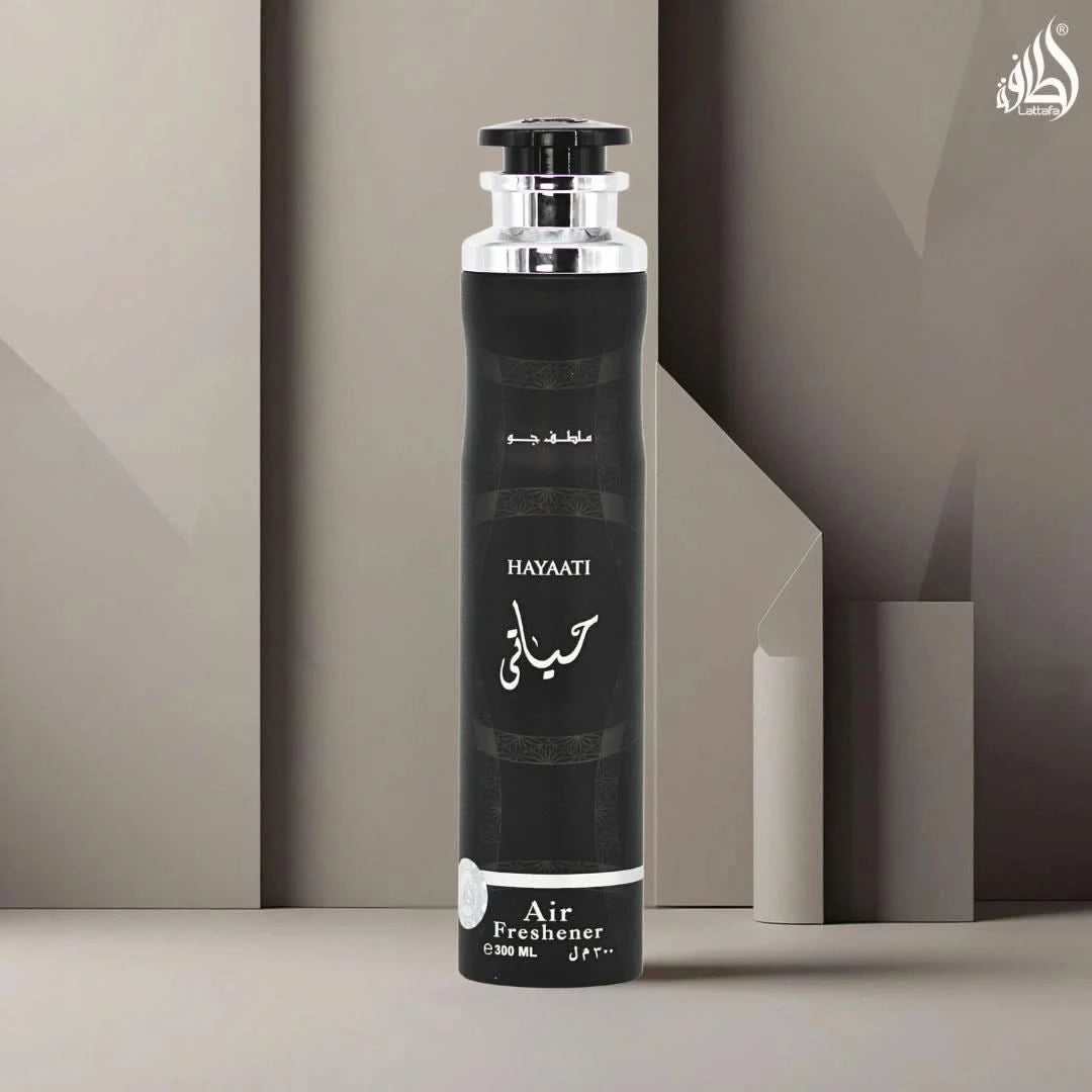 Lattafa Hayaati air freshener bottle, 300ml, with a sleek design and floral scent label, ideal for refreshing indoor spaces.