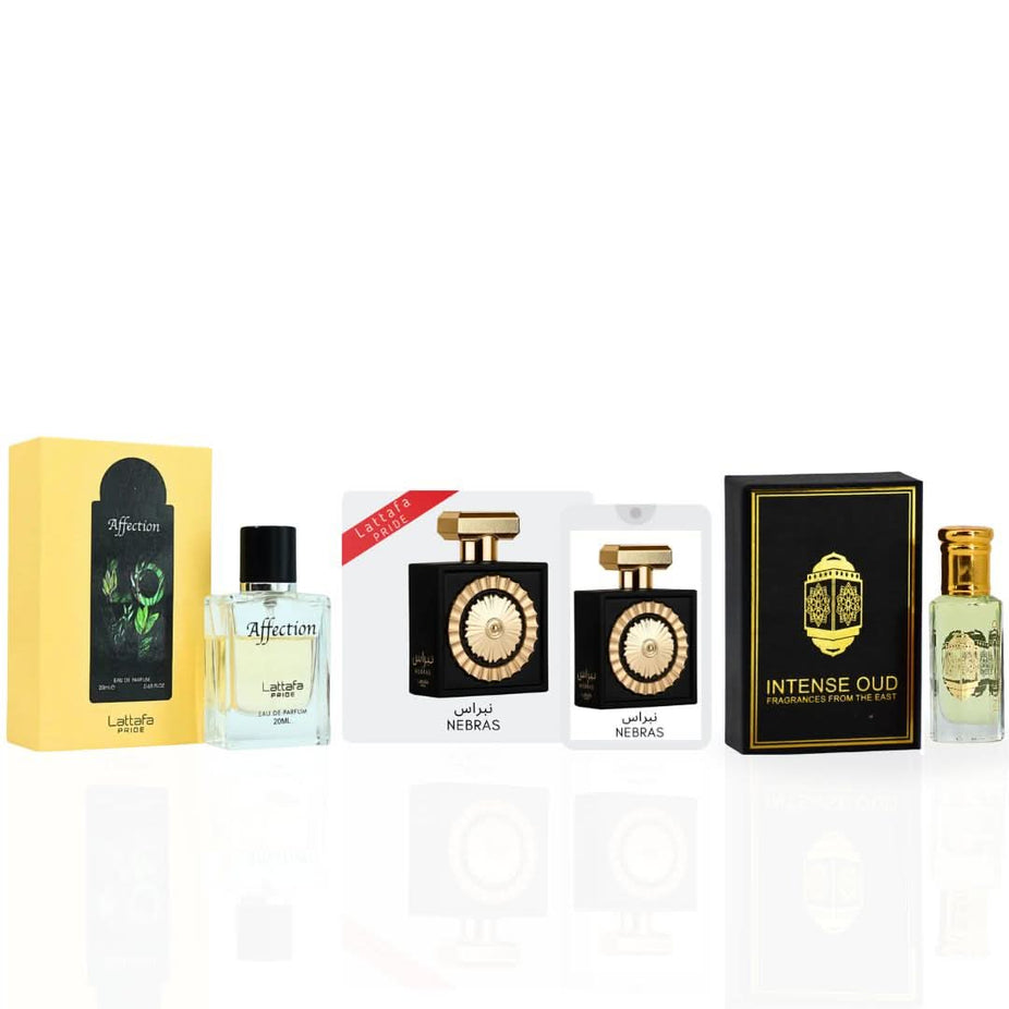 Intense Oud gift set with Nebras & Affection Eau de Parfum sprays, Lady Mile perfume oil, and magnetic gift box.