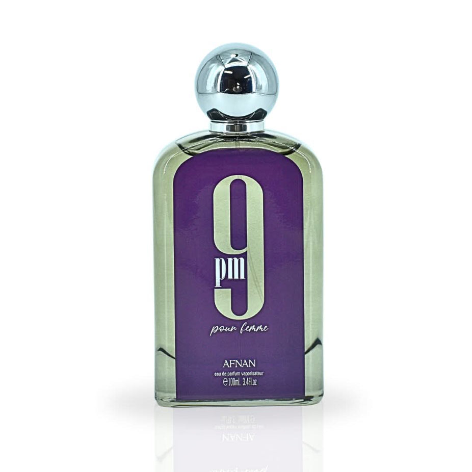 Afnan 9PM Pour Femme Eau de Parfum spray bottle with elegant packaging, 100ml, showcasing the fragrance design.