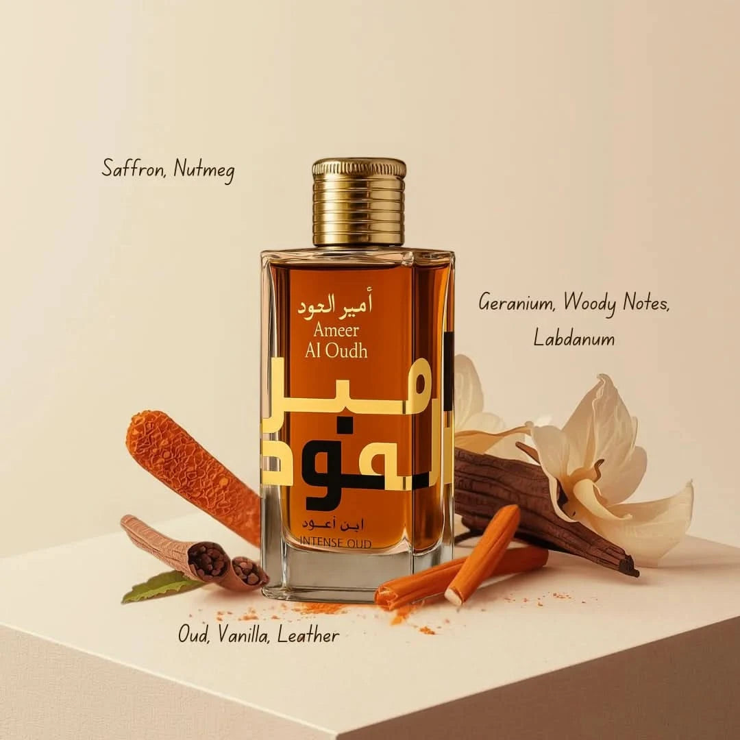 Lattafa Bade'e Al Oud & Ameer Al Oudh Intense Oud Eau de Parfum bundle, featuring two 100ml spray bottles with elegant packaging.